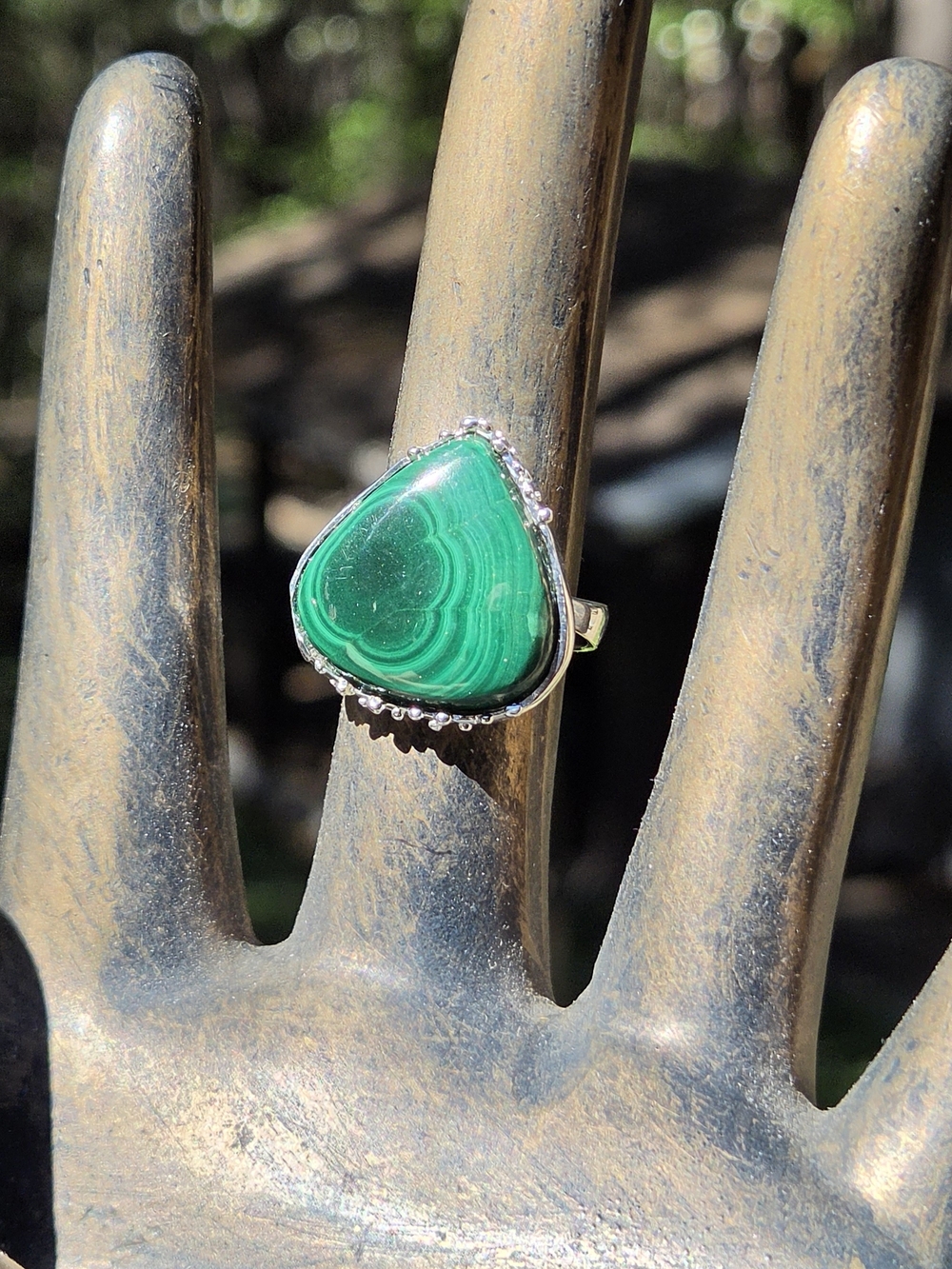 Malachite Natural 24k Sterling & White Gold Ring Sz8 - Picture 4 of 8